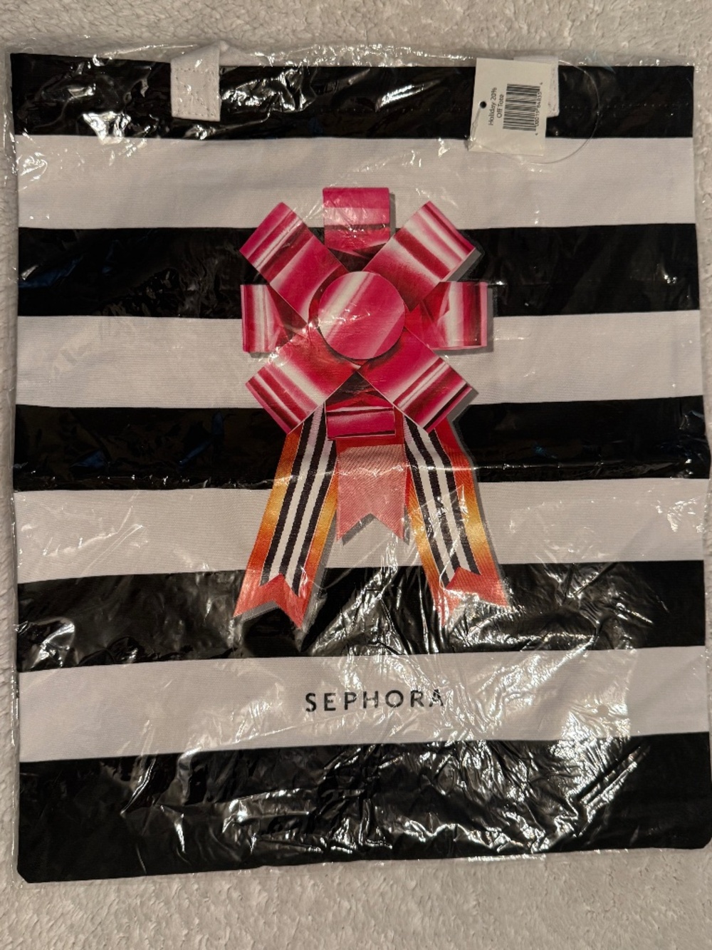 NWT Sephora Holiday Tote Gift Bag Black White Stripe Bow